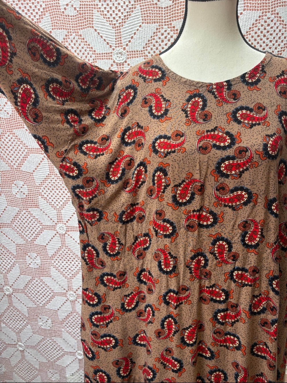Vintage Paisley Maxi Dress Brown Red Boho Flowy One Size - Picture 10 of 10